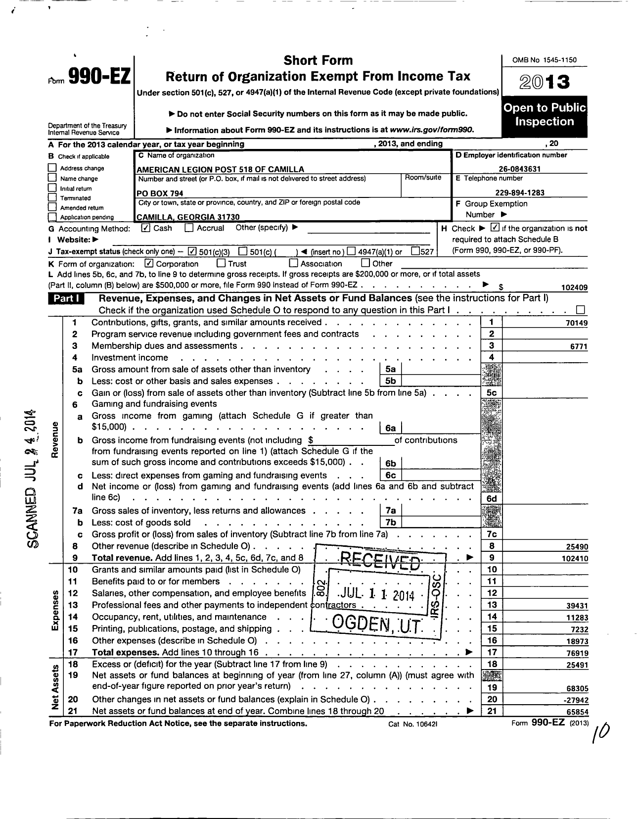 Image of first page of 2013 Form 990EZ for American Legion - 0518 Robert Jester JR