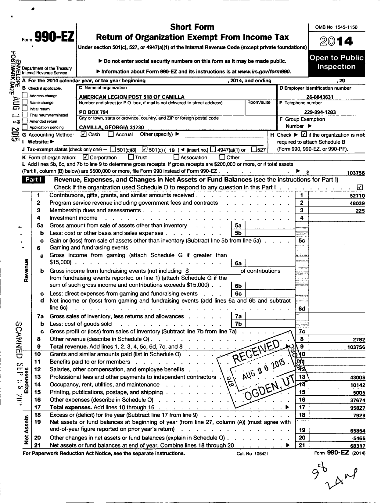 Image of first page of 2014 Form 990EO for American Legion - 0518 Robert Jester JR