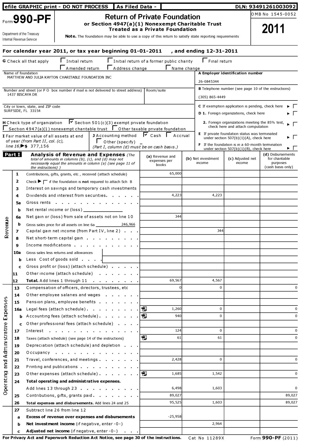 Image of first page of 2011 Form 990PF for Matthew and Julia Kayton Charitable Foundation