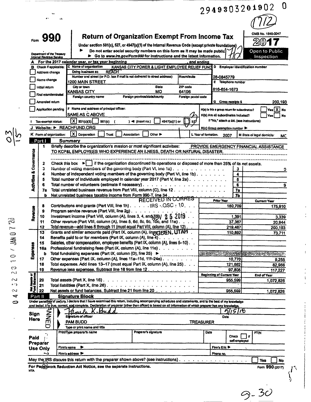 Image of first page of 2017 Form 990 for Reach / Evergy Employee Relief Fund