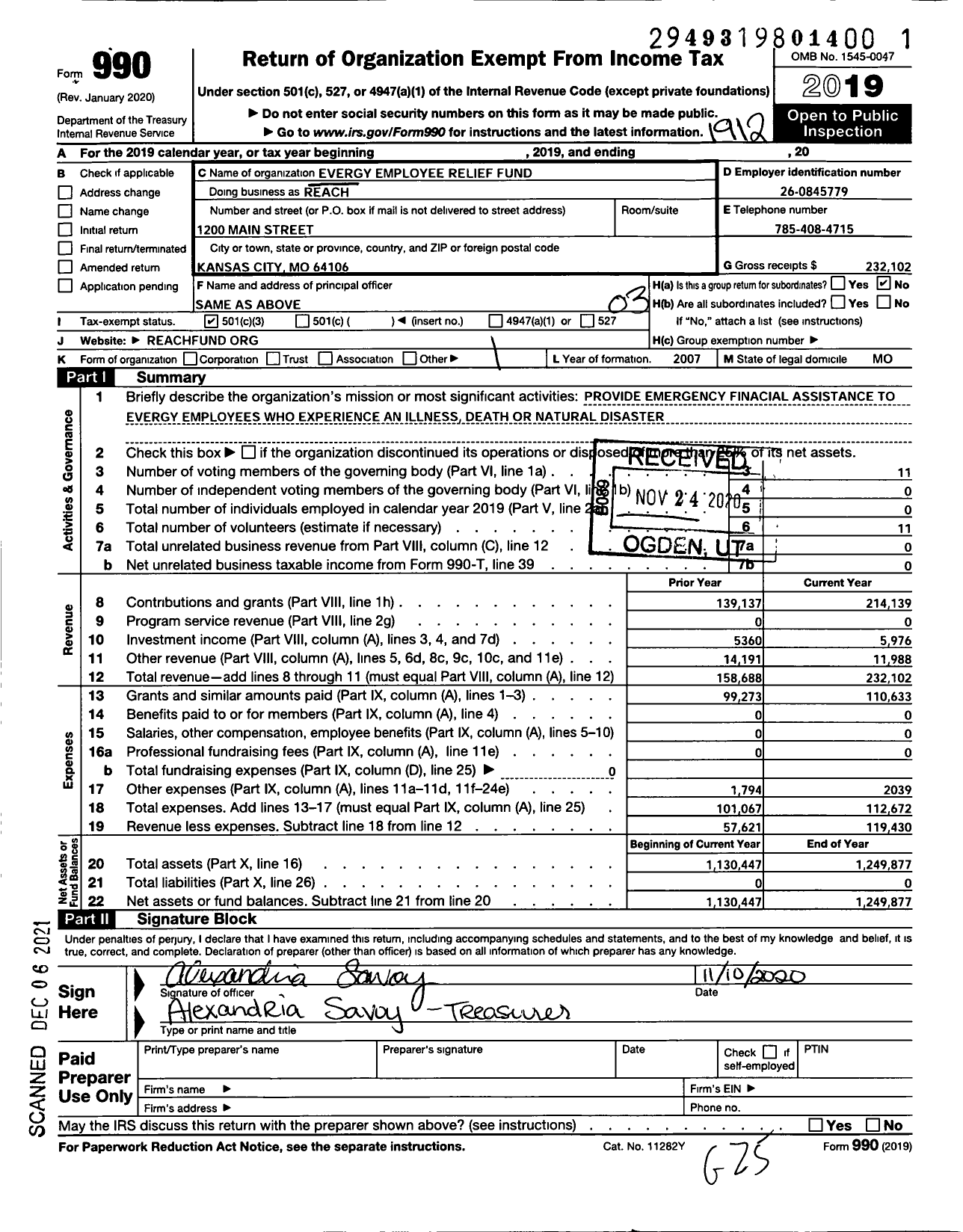 Image of first page of 2019 Form 990 for Reach / Evergy Employee Relief Fund