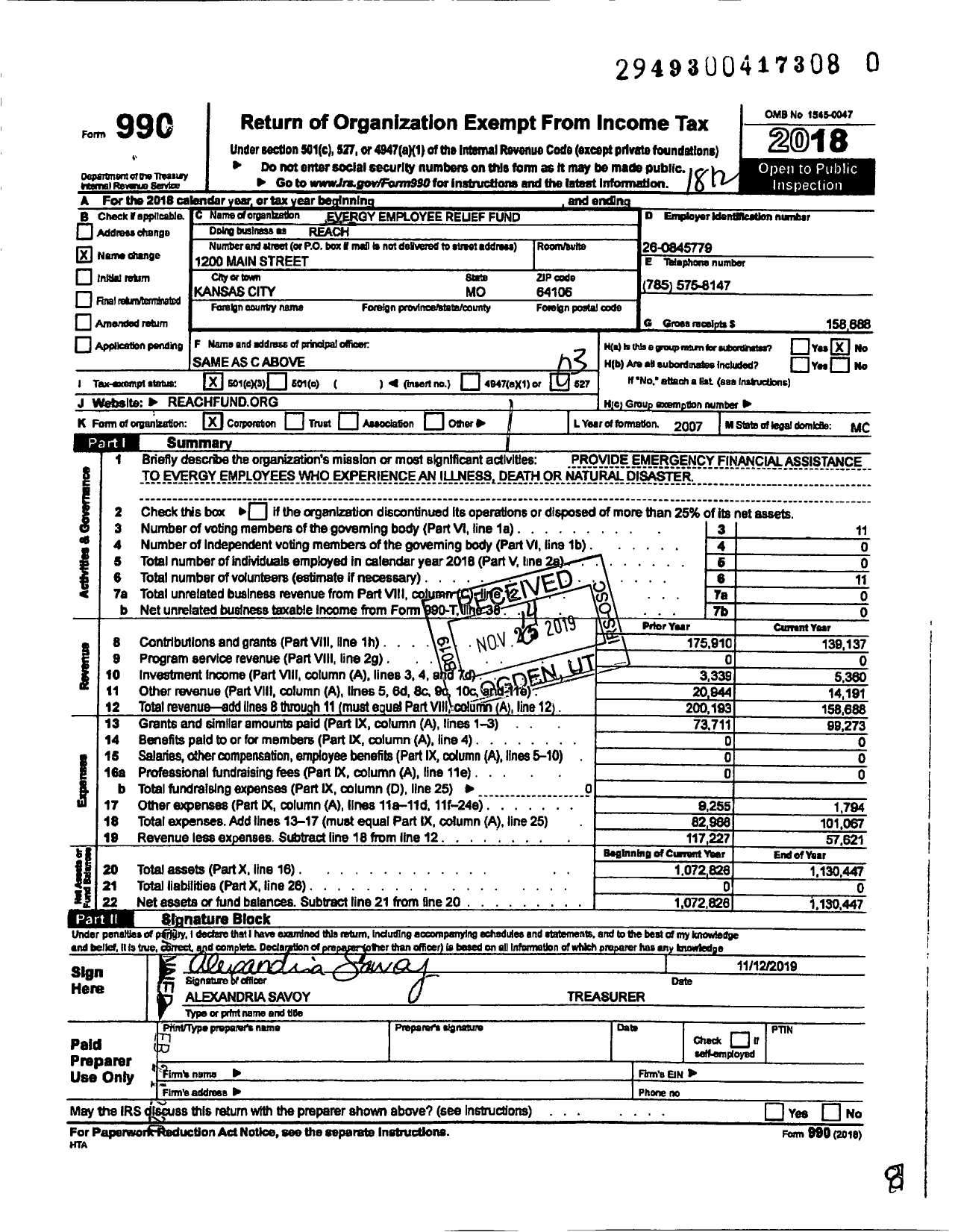 Image of first page of 2018 Form 990 for Reach / Evergy Employee Relief Fund