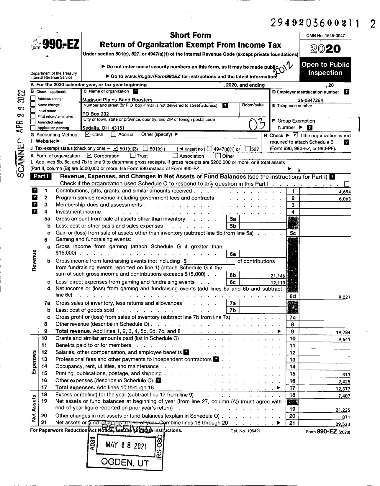 Image of first page of 2020 Form 990EZ for Madison Plains Band Boosters