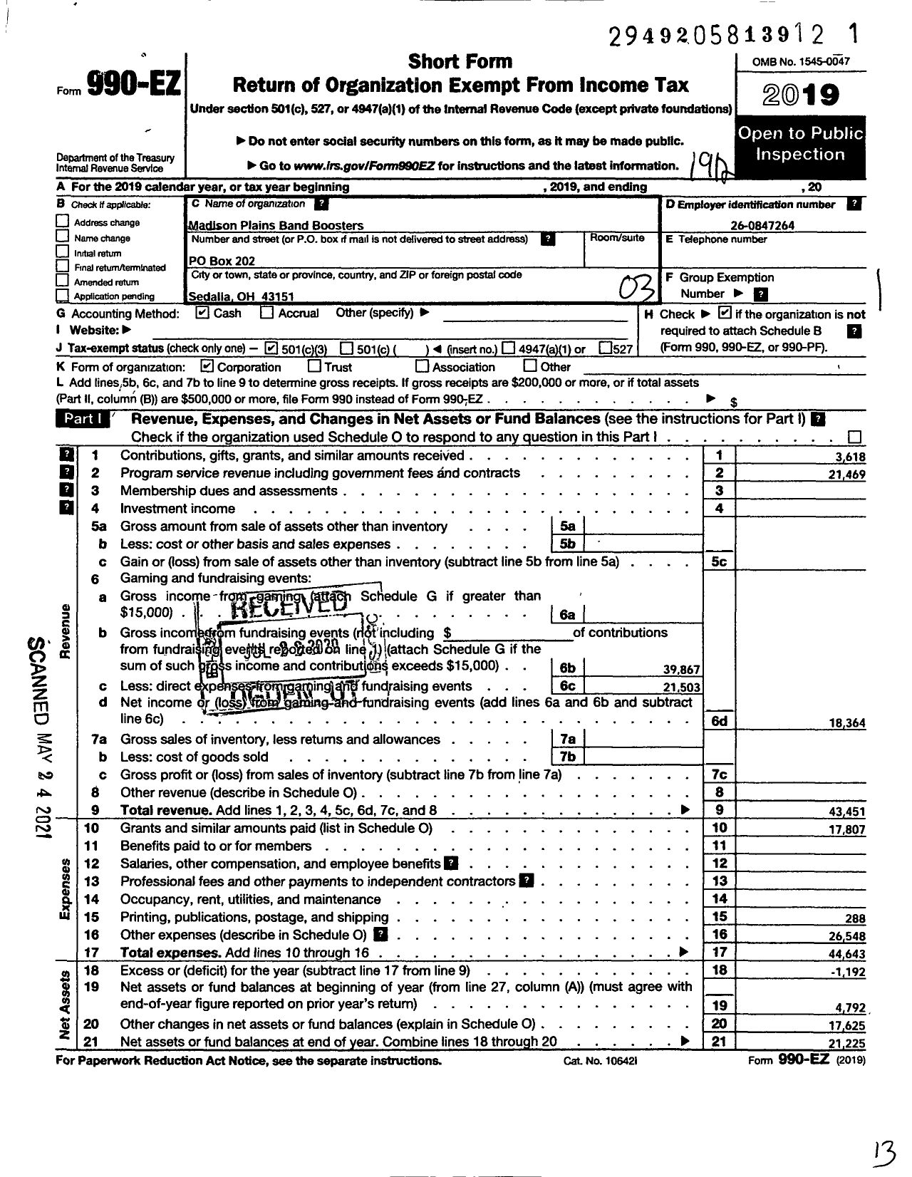 Image of first page of 2019 Form 990EZ for Madison Plains Band Boosters