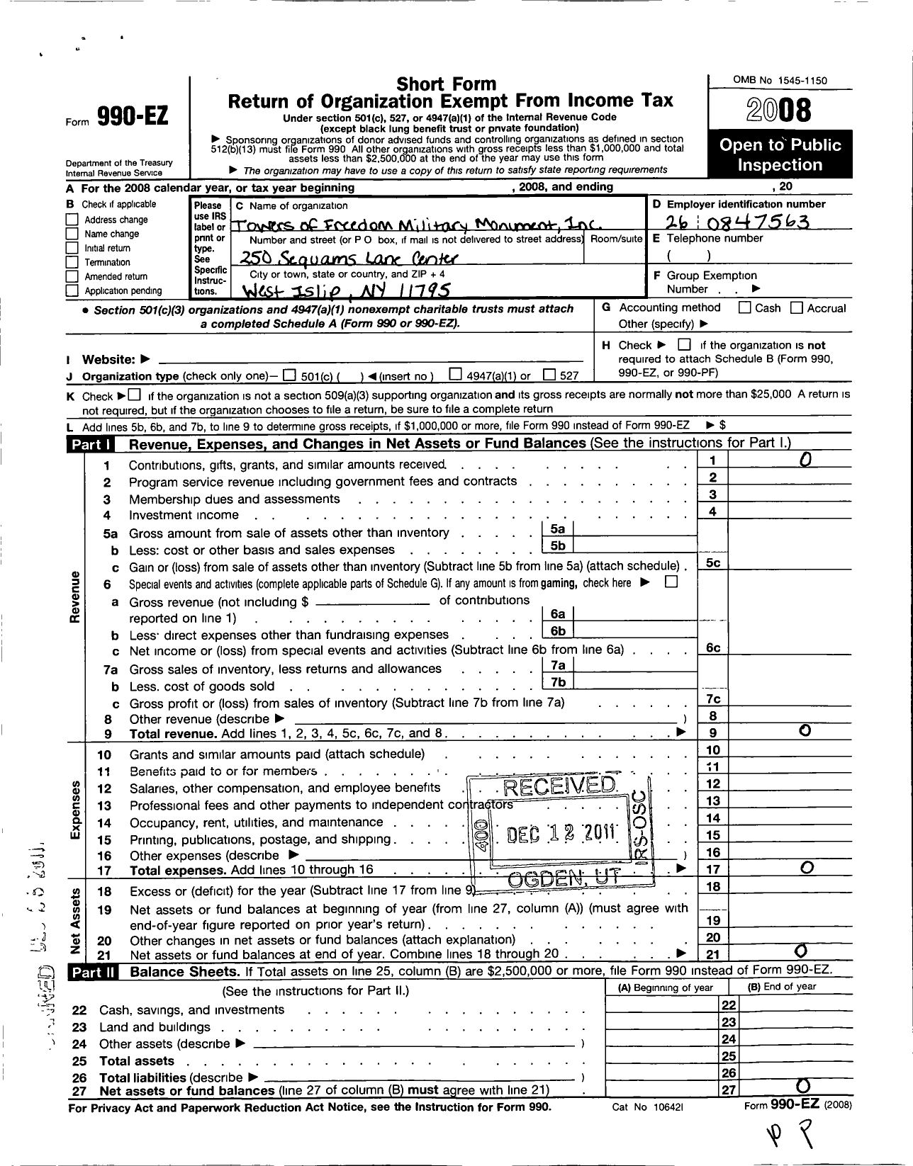 Image of first page of 2008 Form 990EO for Towers of Freedom Military Monument