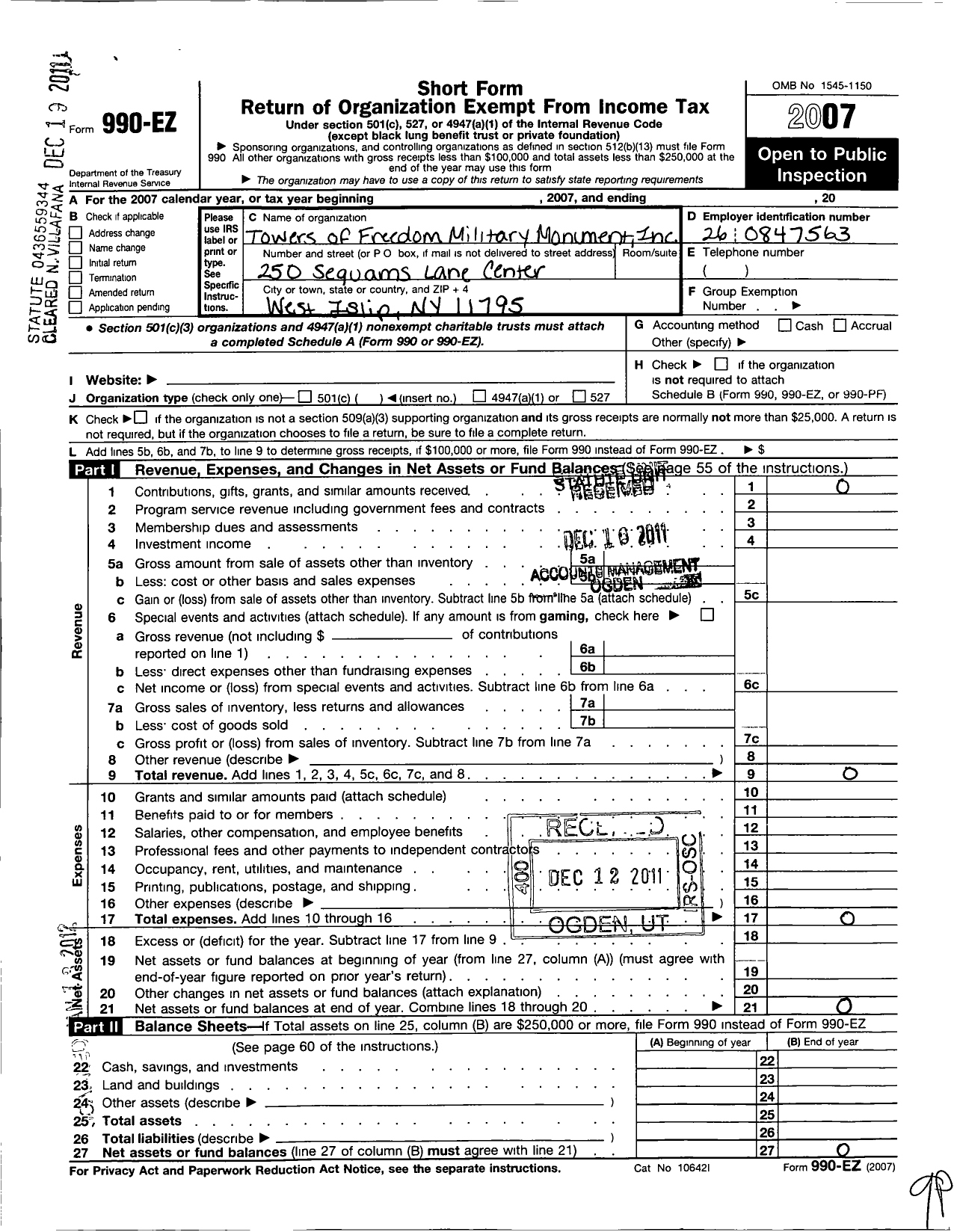 Image of first page of 2007 Form 990EO for Towers of Freedom Military Monument