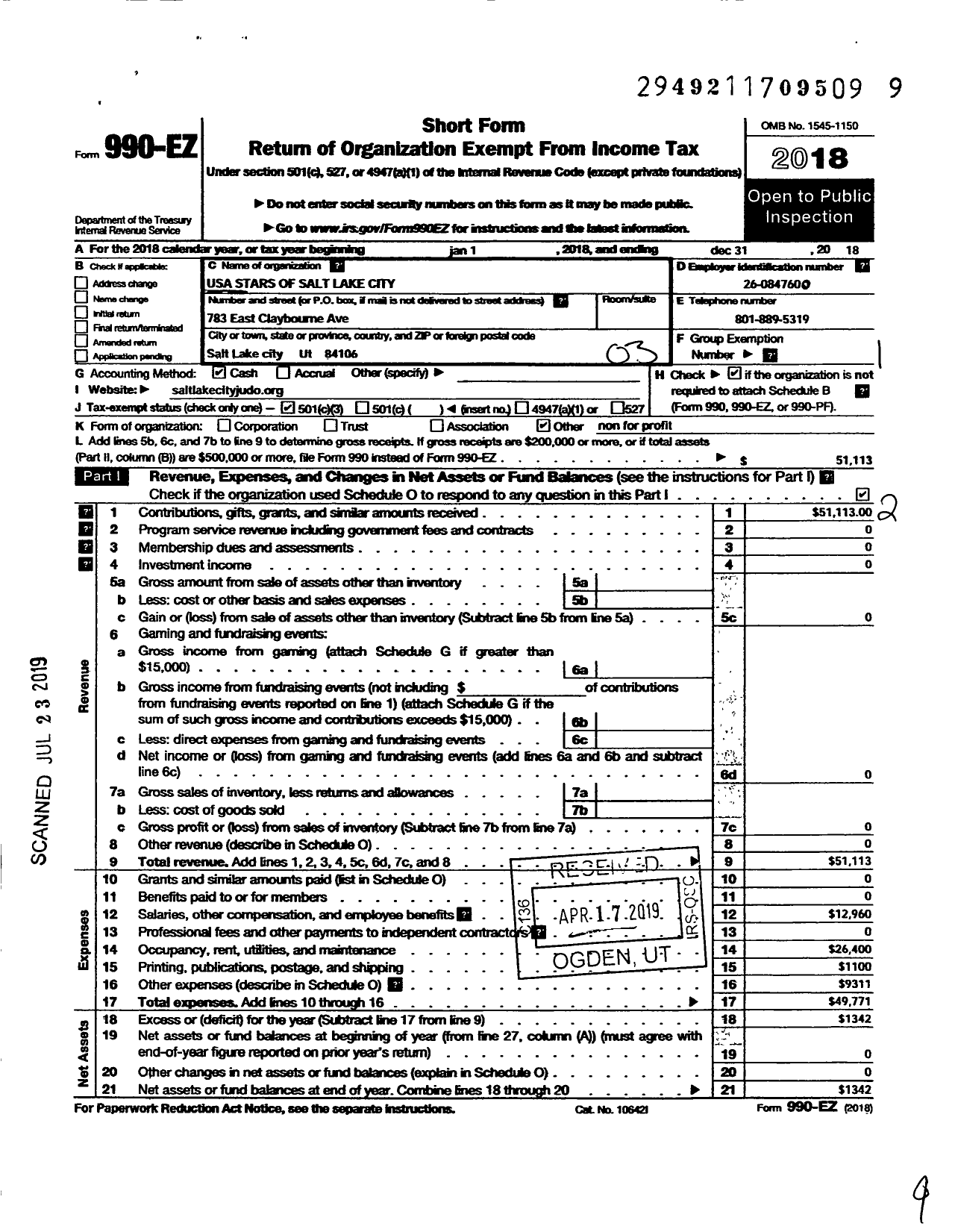 Image of first page of 2018 Form 990EZ for USA Stars of Salt Lake City