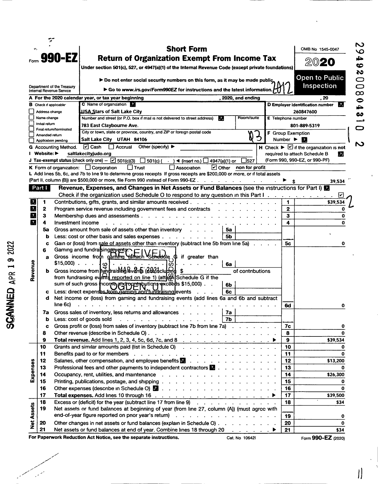 Image of first page of 2020 Form 990EZ for USA Stars of Salt Lake City