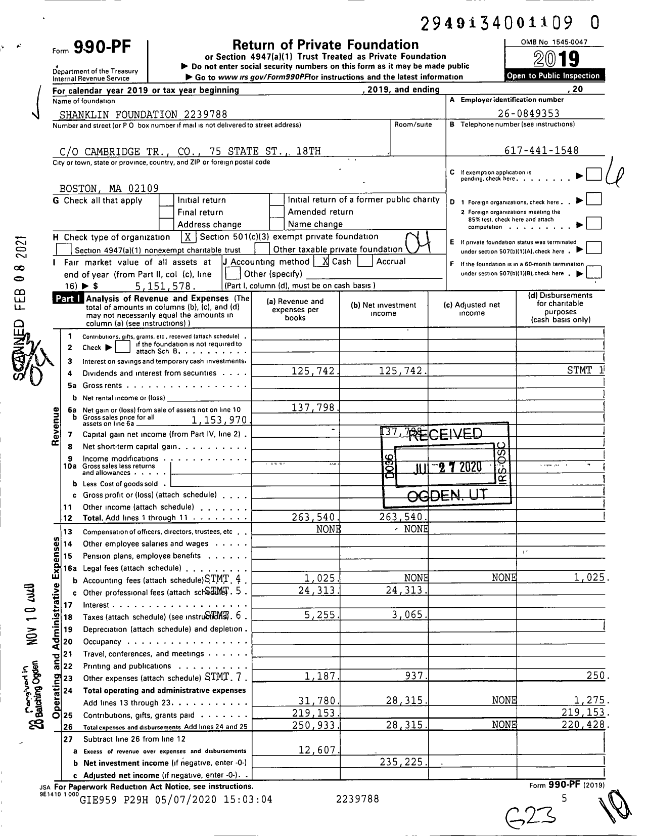 Image of first page of 2019 Form 990PF for Shanklin Foundation