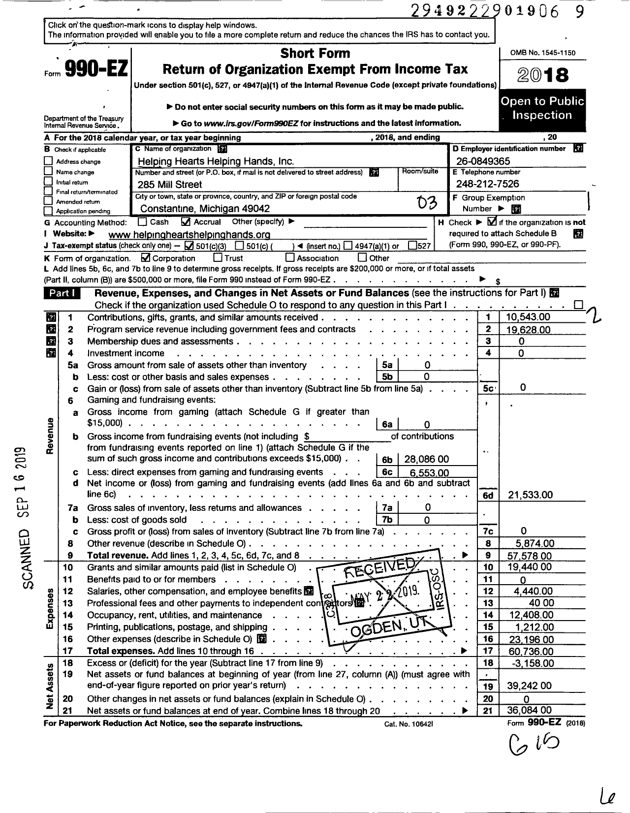 Image of first page of 2018 Form 990EZ for Helping Hearts Helping Hands