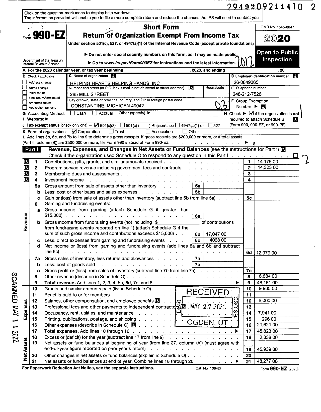 Image of first page of 2020 Form 990EZ for Helping Hearts Helping Hands