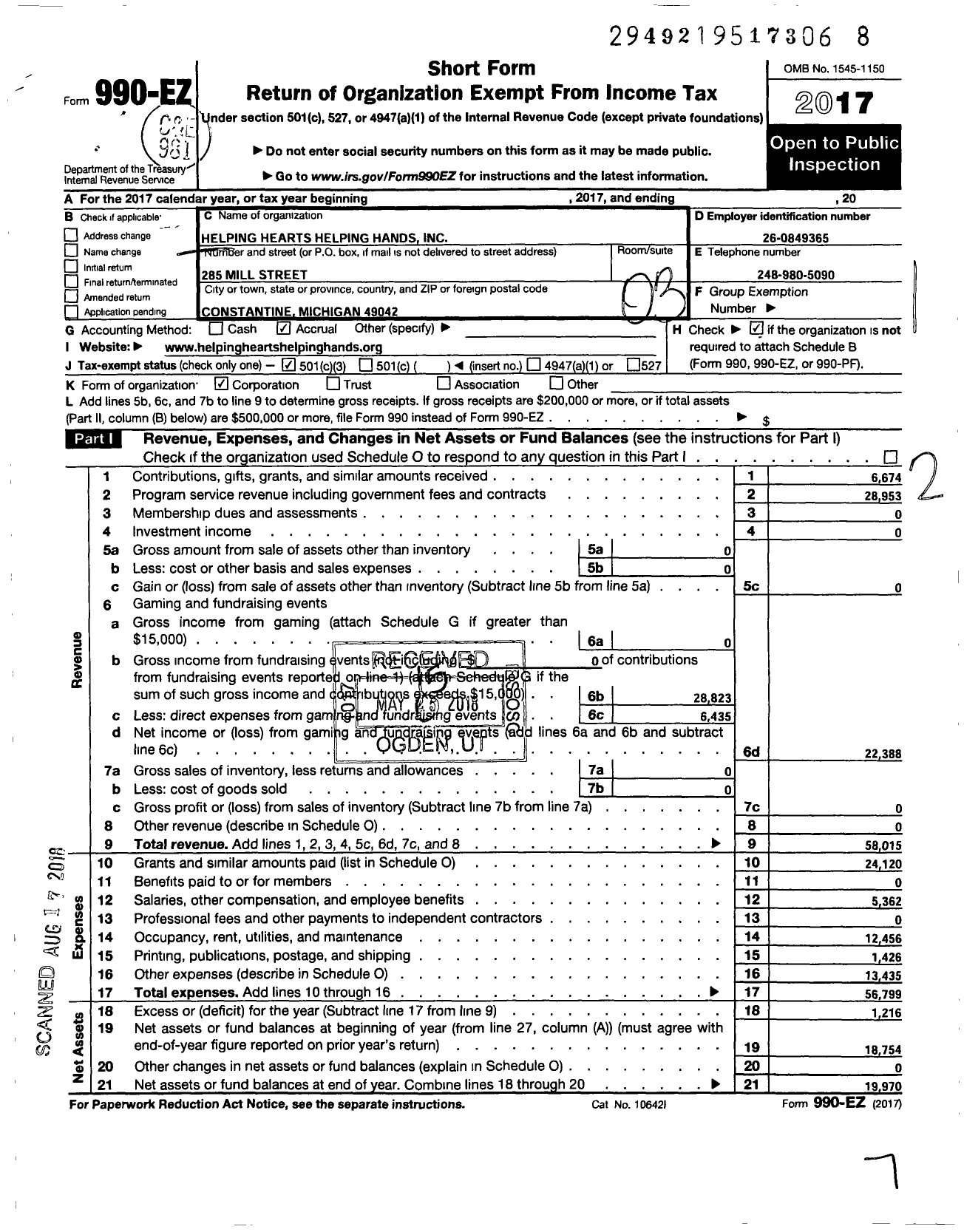 Image of first page of 2017 Form 990EZ for Helping Hearts Helping Hands