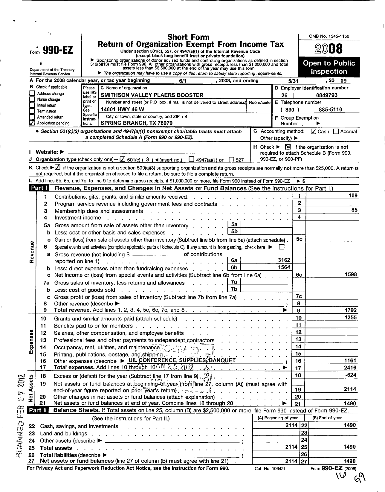 Image of first page of 2008 Form 990EZ for Smithson Valley Players Booster Club