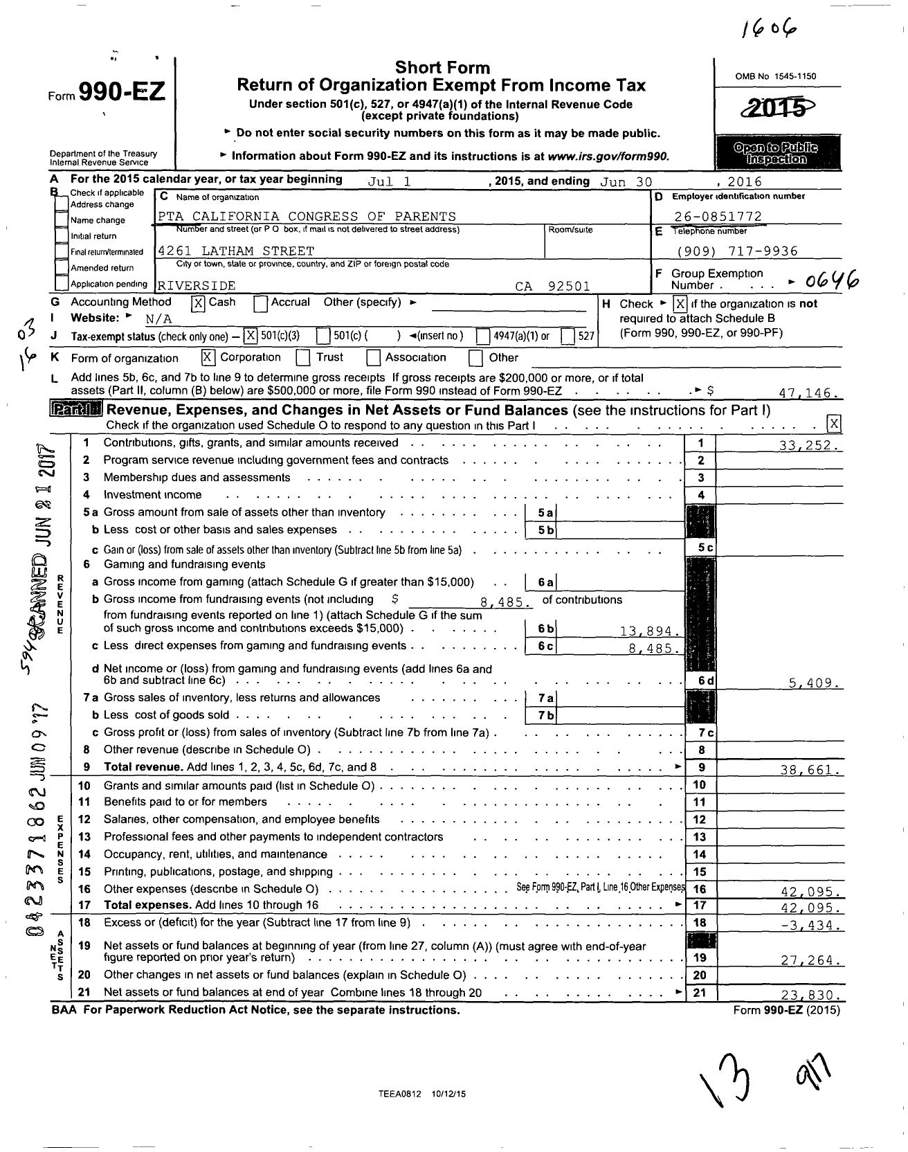 Image of first page of 2015 Form 990EZ for California State PTA - 6088 Patricia Beatty Elem PTA