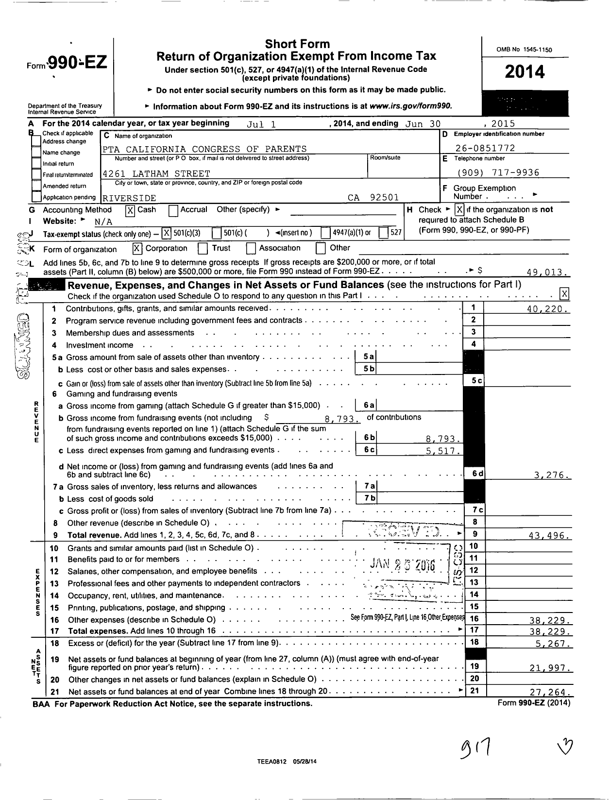 Image of first page of 2014 Form 990EZ for California State PTA - 6088 Patricia Beatty Elem PTA