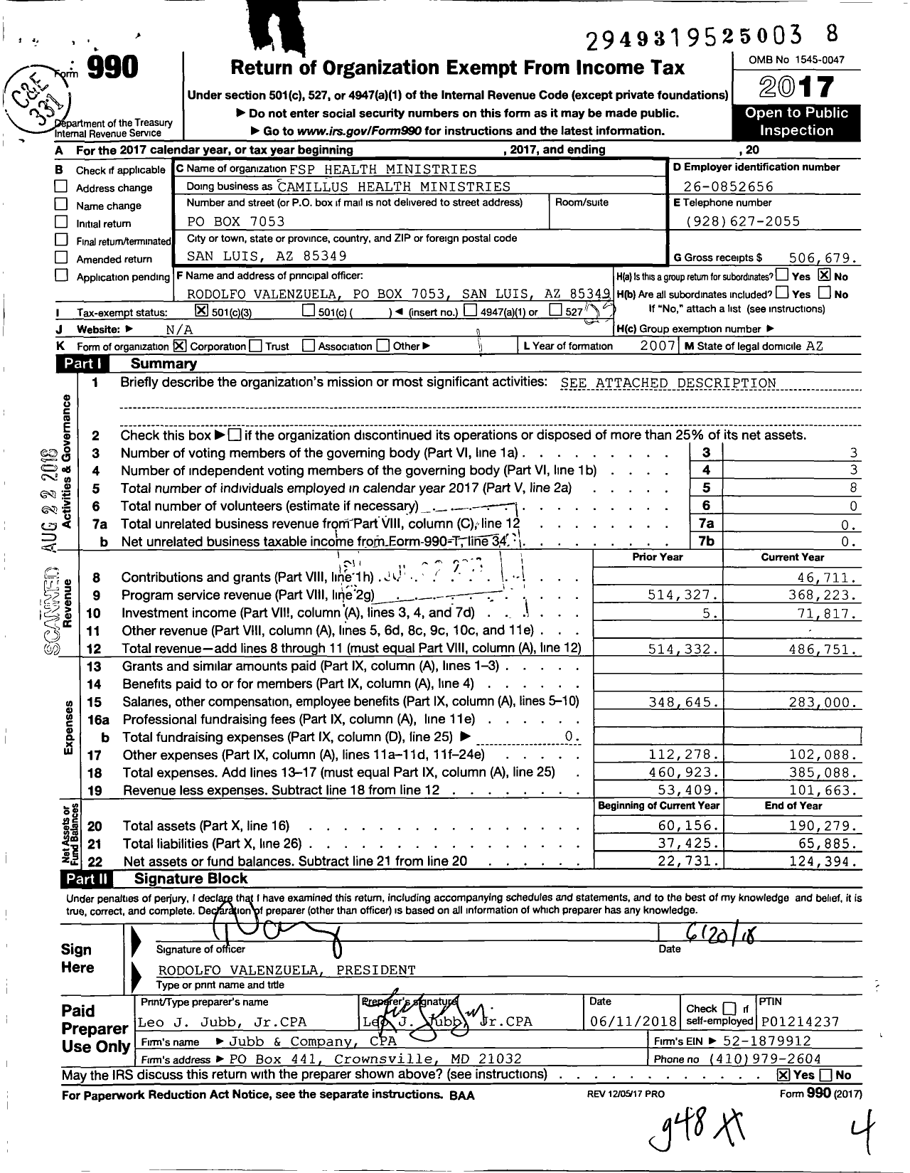 Image of first page of 2017 Form 990 for FSP Health Ministries