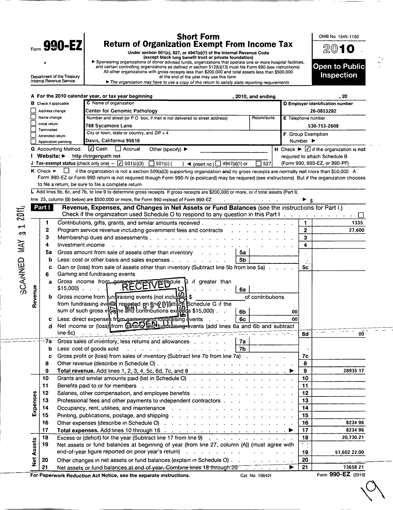 Image of first page of 2010 Form 990EZ for Center for Genomic Pathology