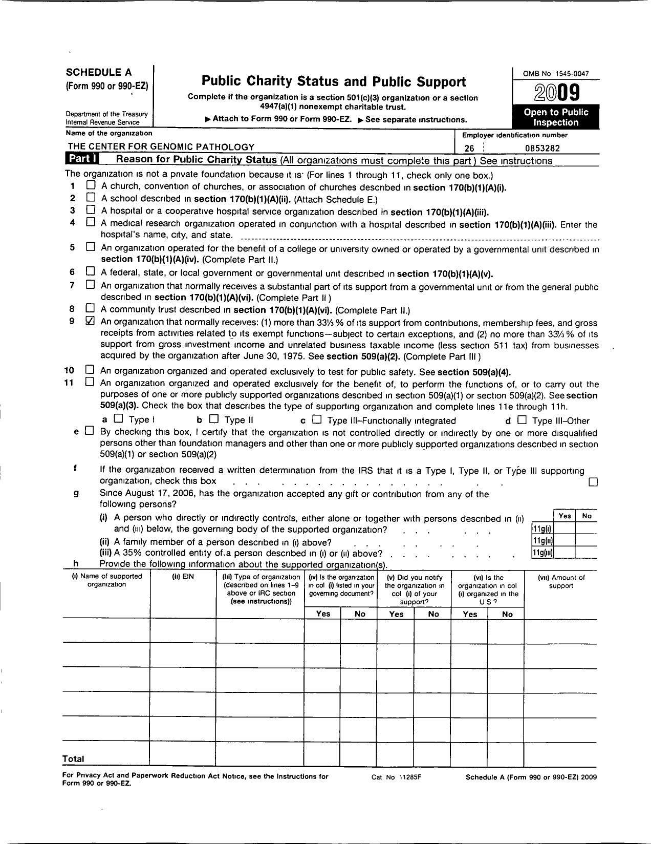 Image of first page of 2009 Form 990ER for Center for Genomic Pathology