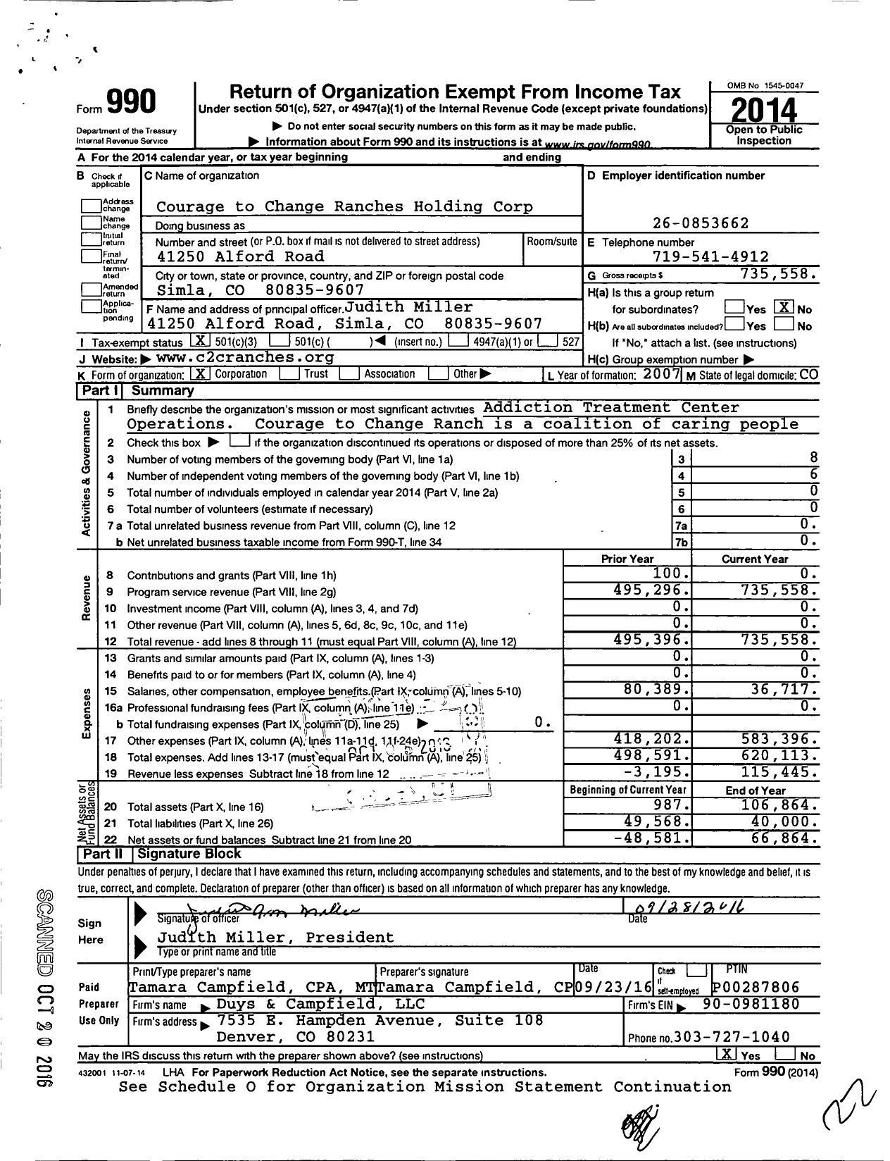 Image of first page of 2014 Form 990 for Courage to Change Ranches Holding Corporation