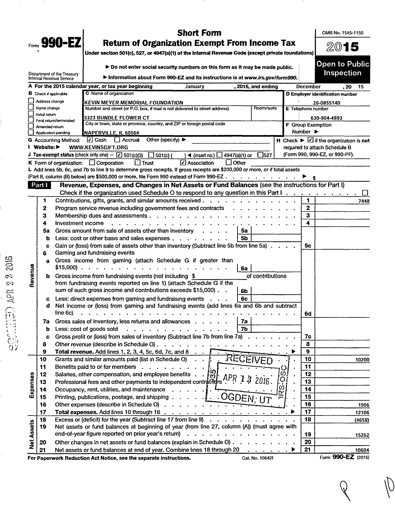 Image of first page of 2015 Form 990EZ for Kevin Meyer Memorial Foundation