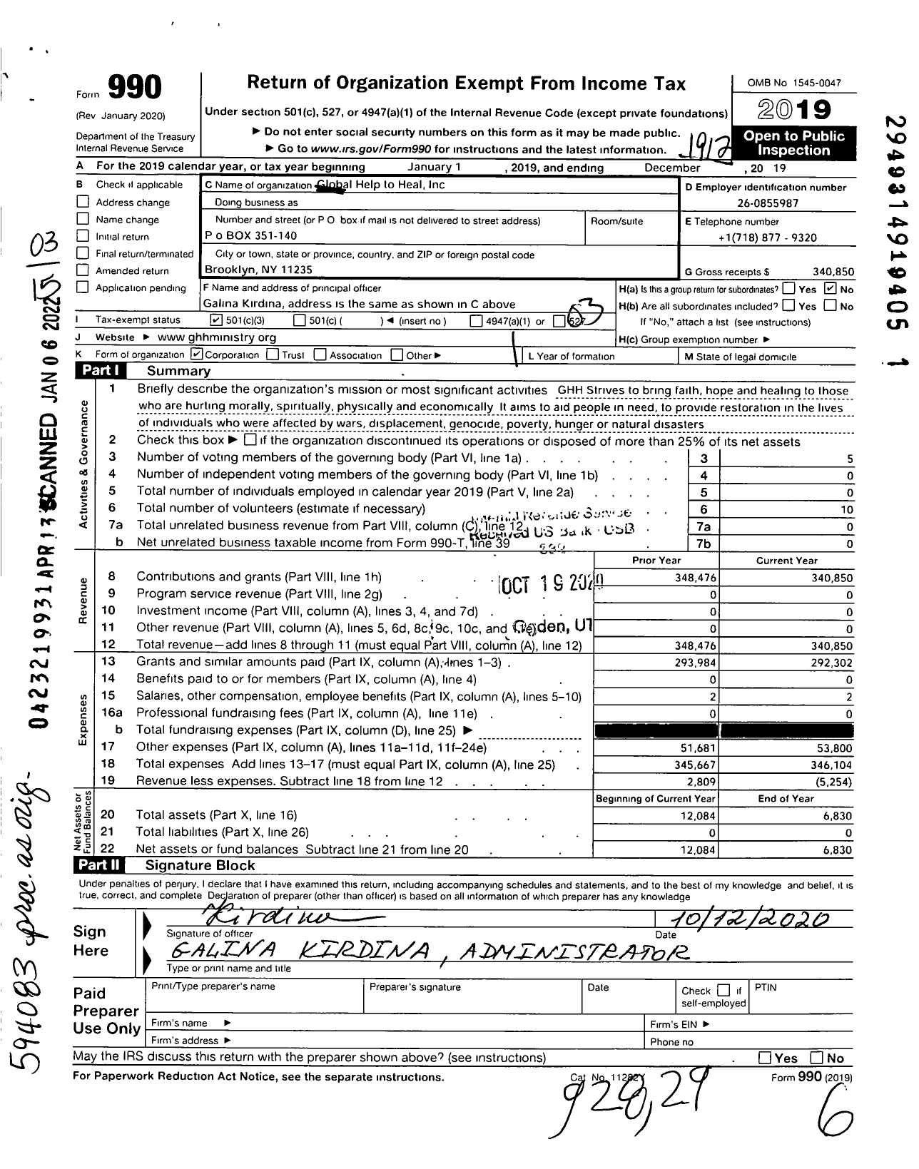 Image of first page of 2019 Form 990 for Global Help To Heal