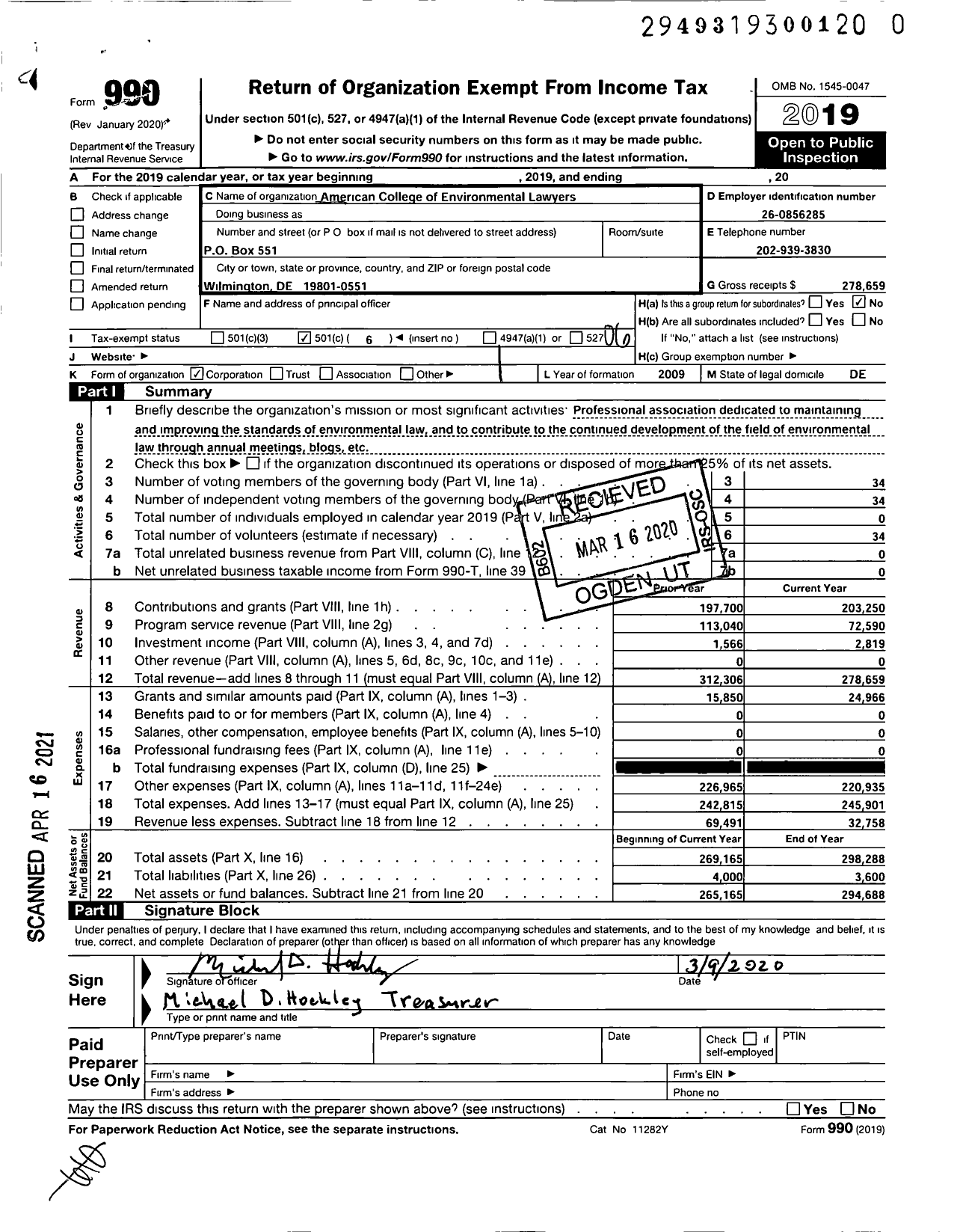 Image of first page of 2019 Form 990O for American College of Environmentallawyers Incorporated