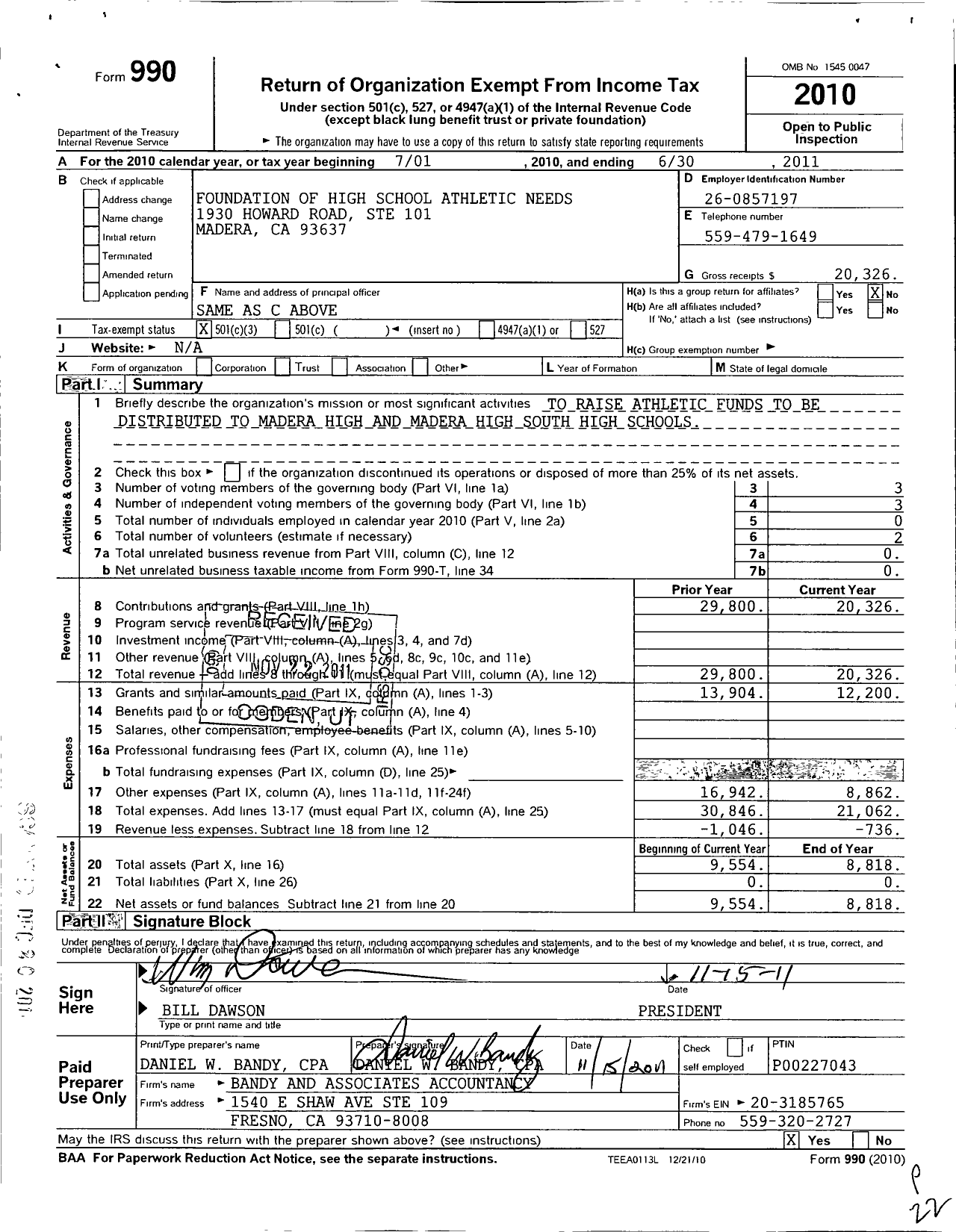 Image of first page of 2010 Form 990 for Foundation of High School Athletic Needs