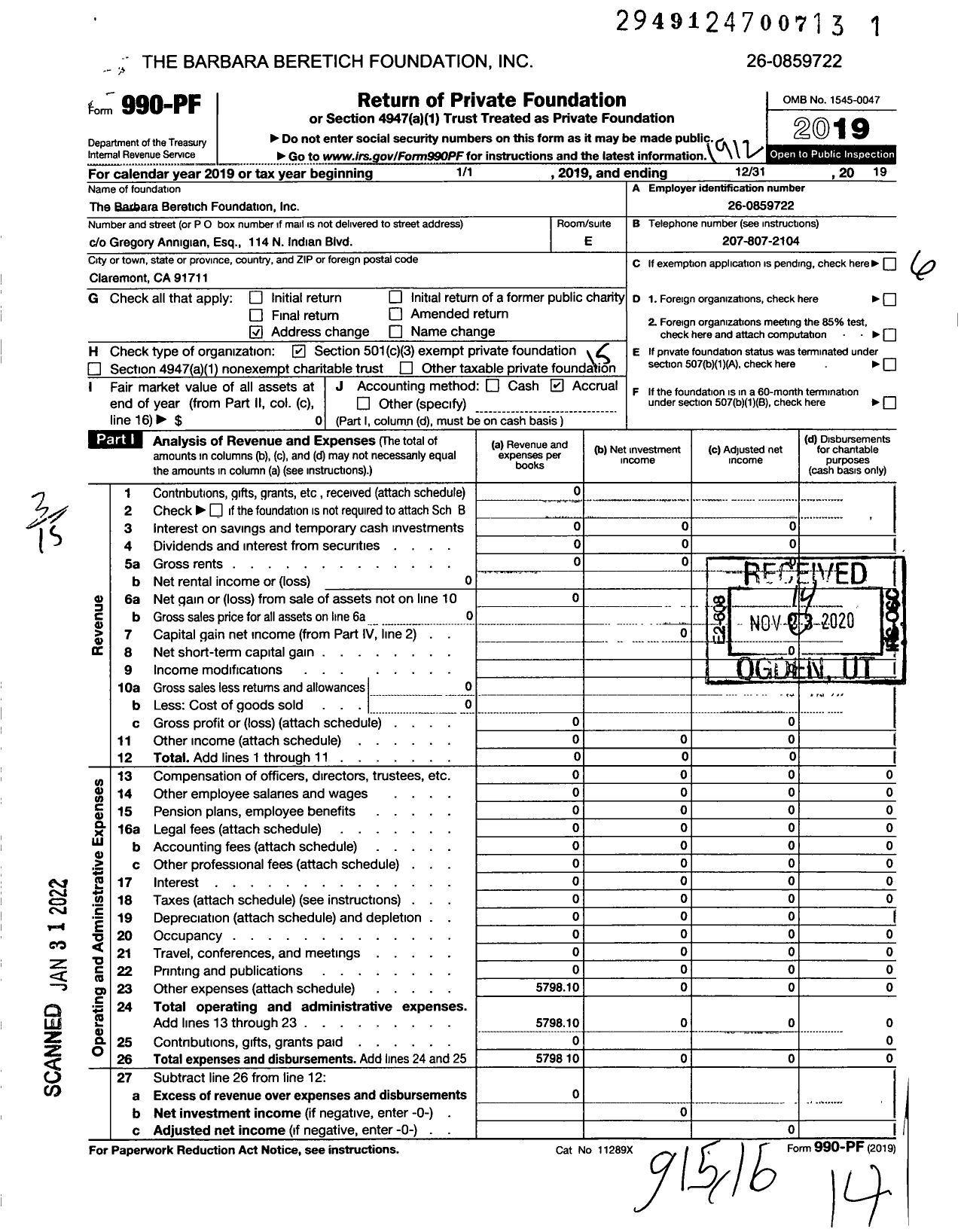 Image of first page of 2019 Form 990PF for The Barbara Beretich Foundation