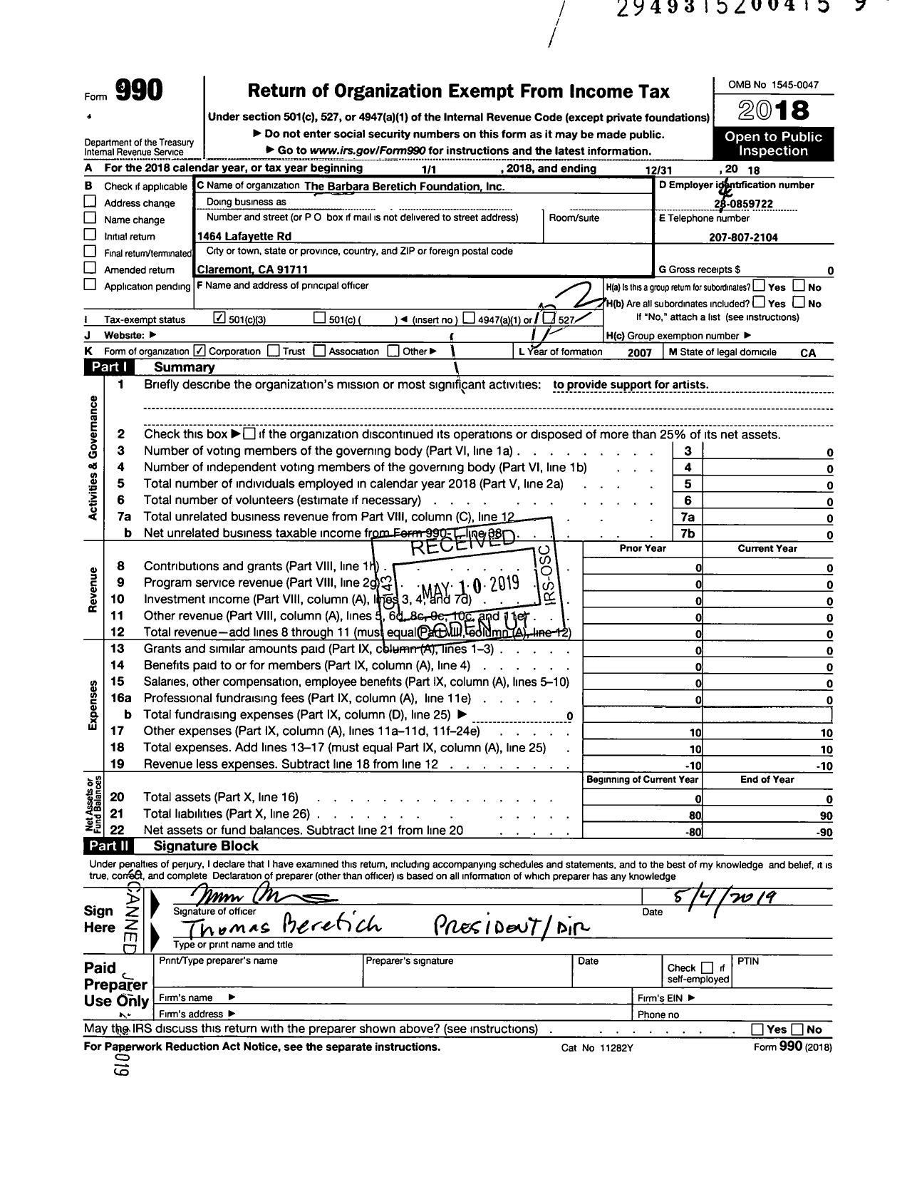 Image of first page of 2018 Form 990 for The Barbara Beretich Foundation