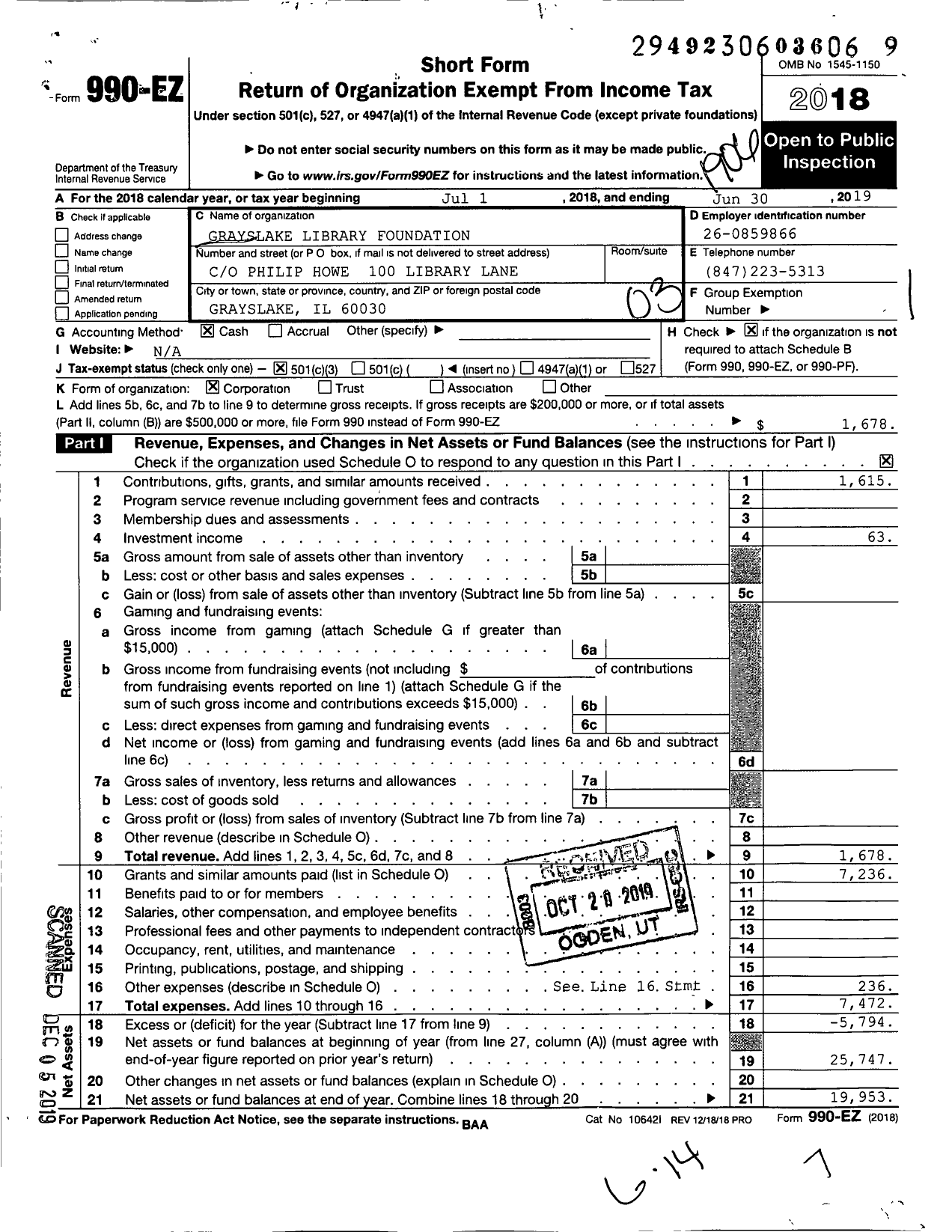 Image of first page of 2018 Form 990EZ for Grayslake Library Foundation