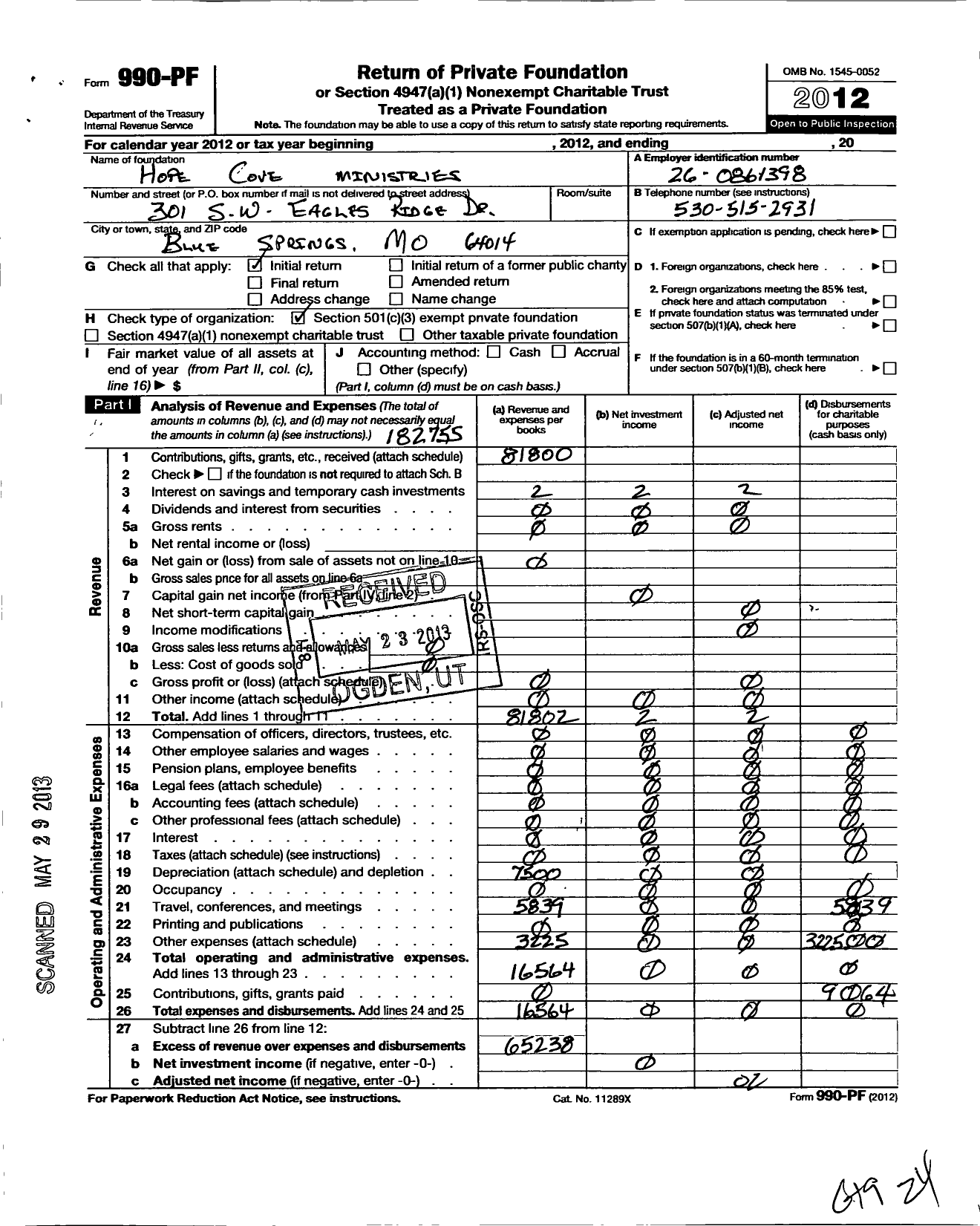 Image of first page of 2012 Form 990PF for Hope Cove Ministries