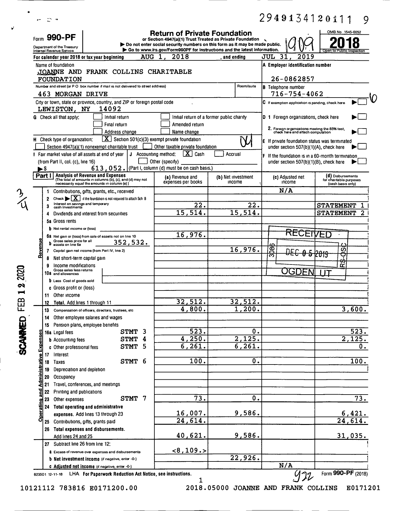 Image of first page of 2018 Form 990PF for Joanne and Frank Collins Charitable Foundation