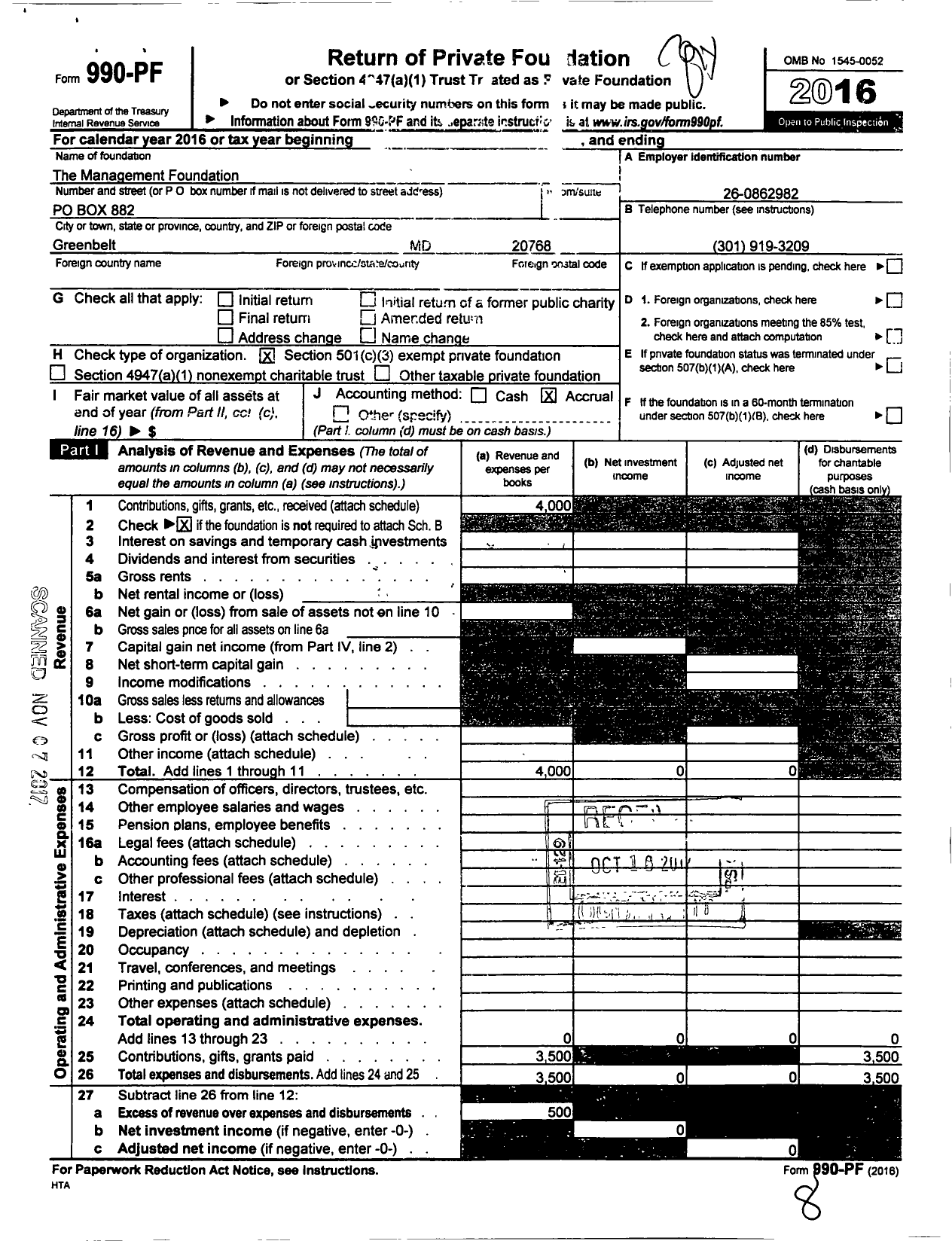 Image of first page of 2016 Form 990PF for The Management Foundation