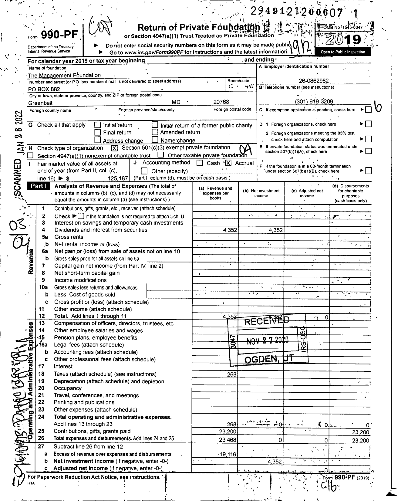 Image of first page of 2019 Form 990PF for The Management Foundation