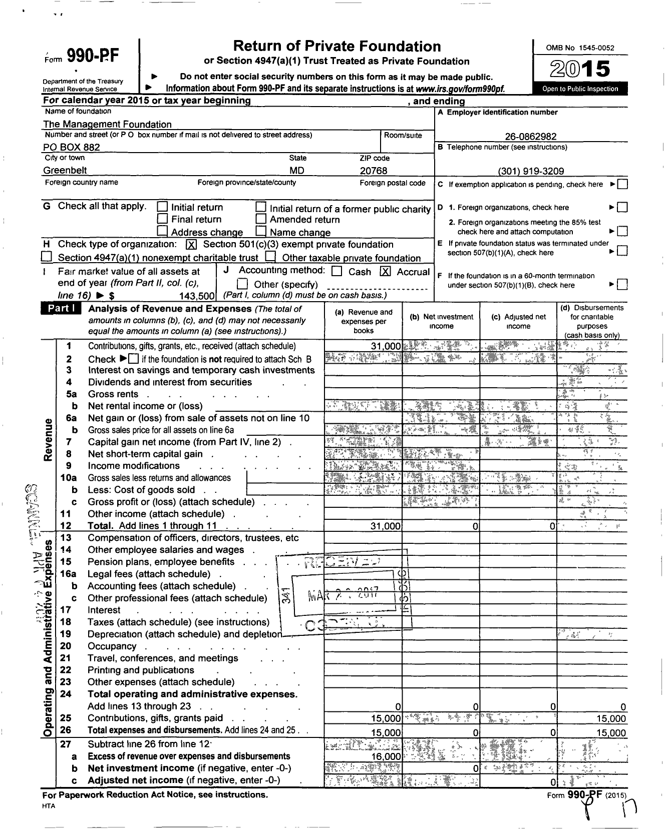 Image of first page of 2015 Form 990PF for The Management Foundation