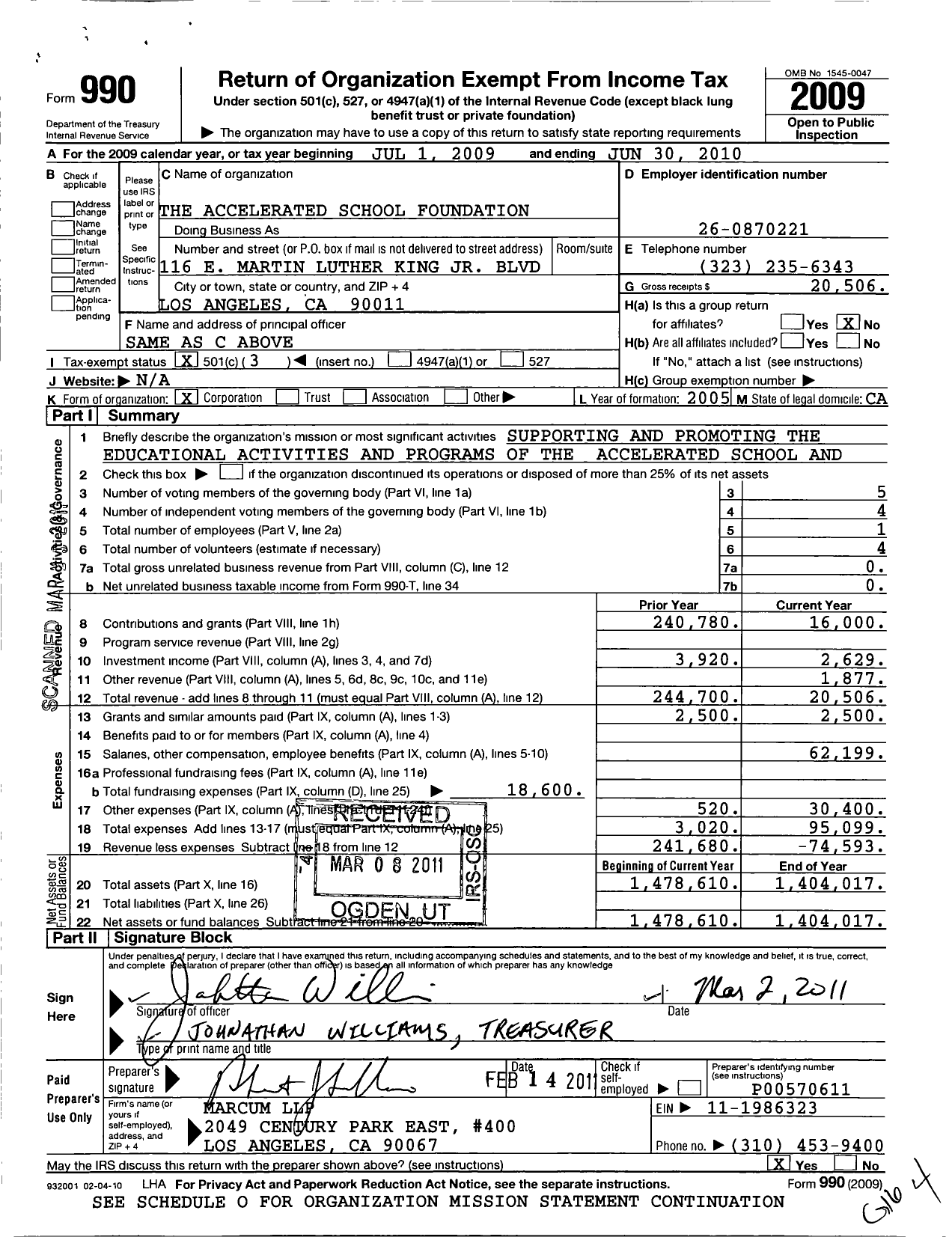 Image of first page of 2009 Form 990 for Accelerated School Foundation