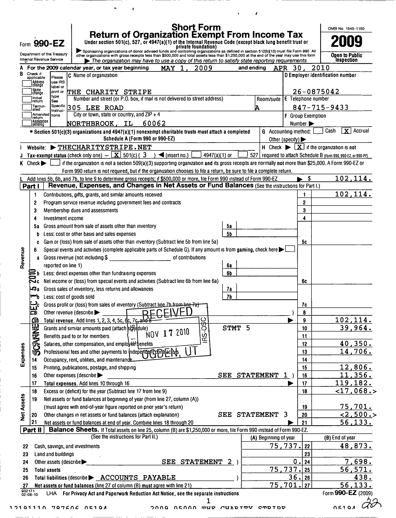 Image of first page of 2009 Form 990EZ for Charity Stripe
