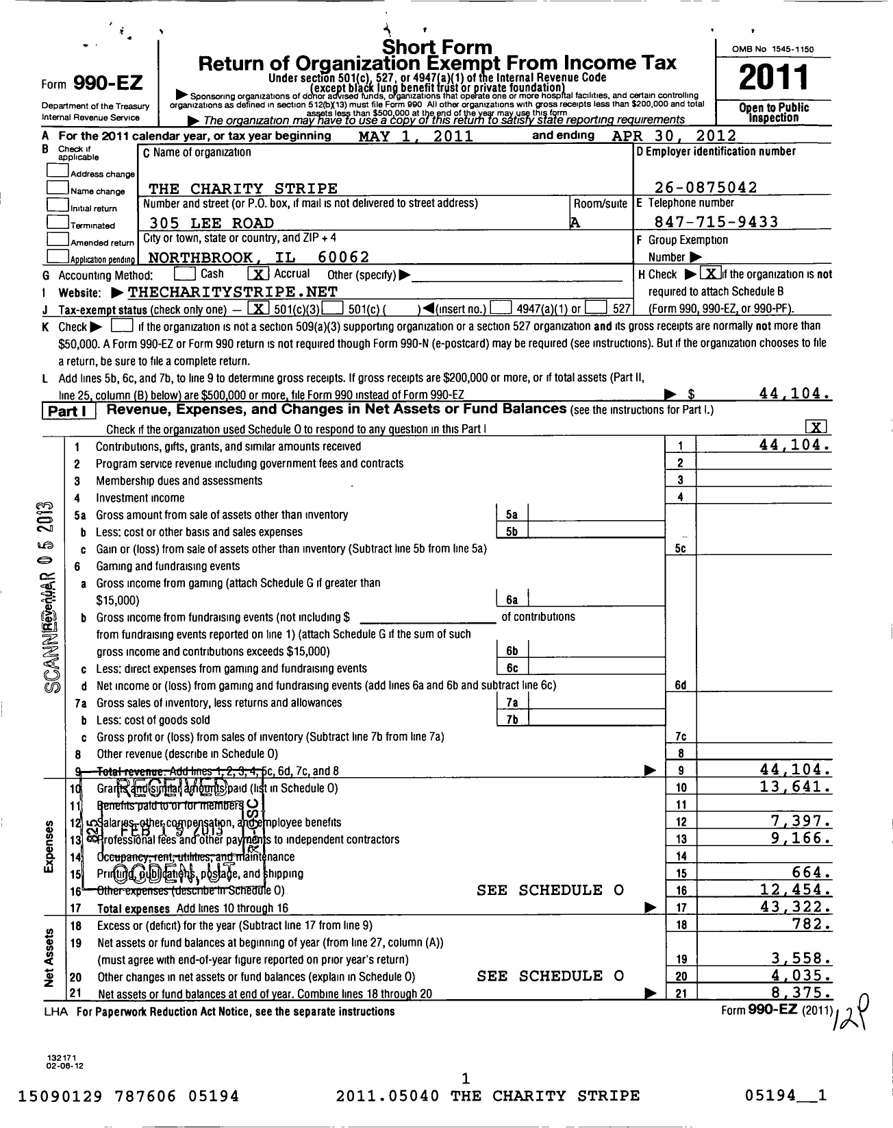 Image of first page of 2011 Form 990EZ for Charity Stripe