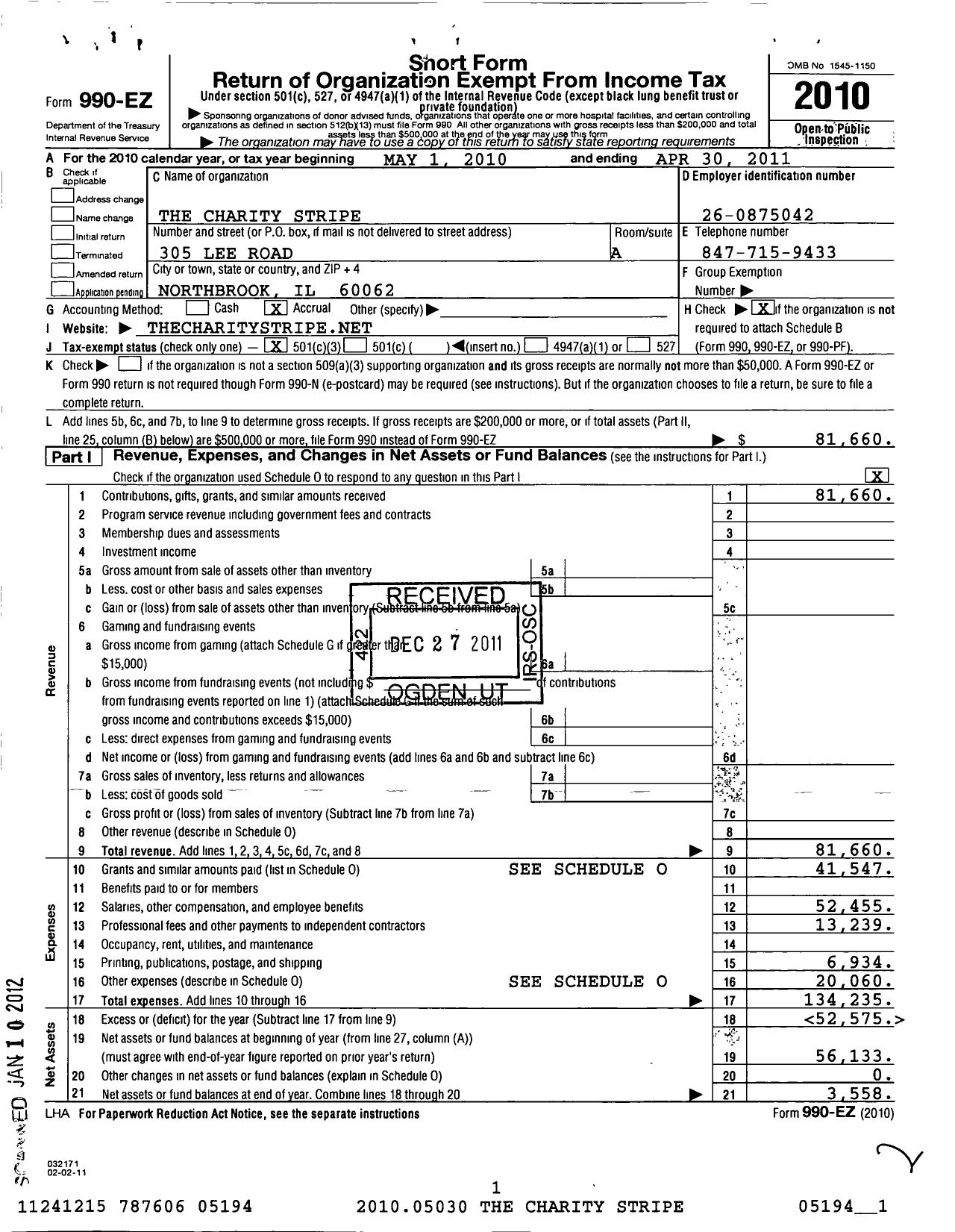 Image of first page of 2010 Form 990EZ for Charity Stripe