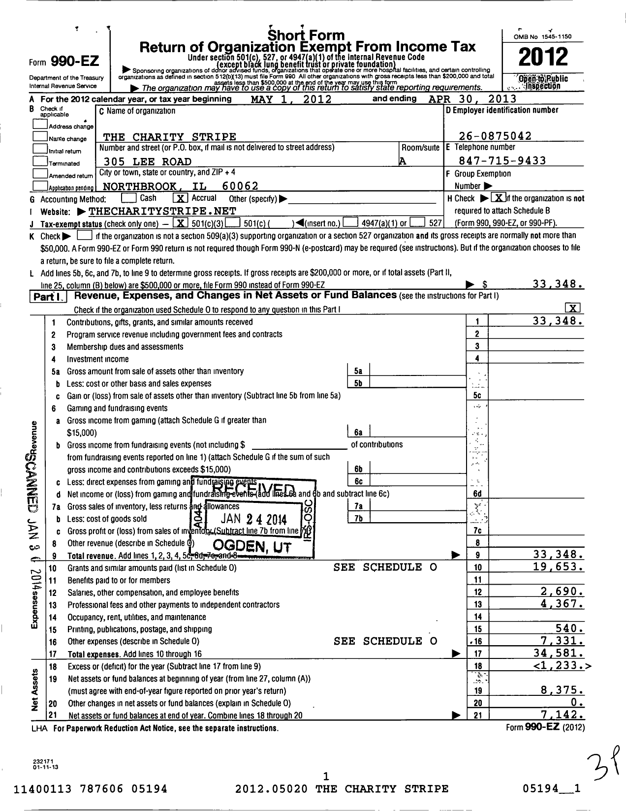Image of first page of 2012 Form 990EZ for Charity Stripe