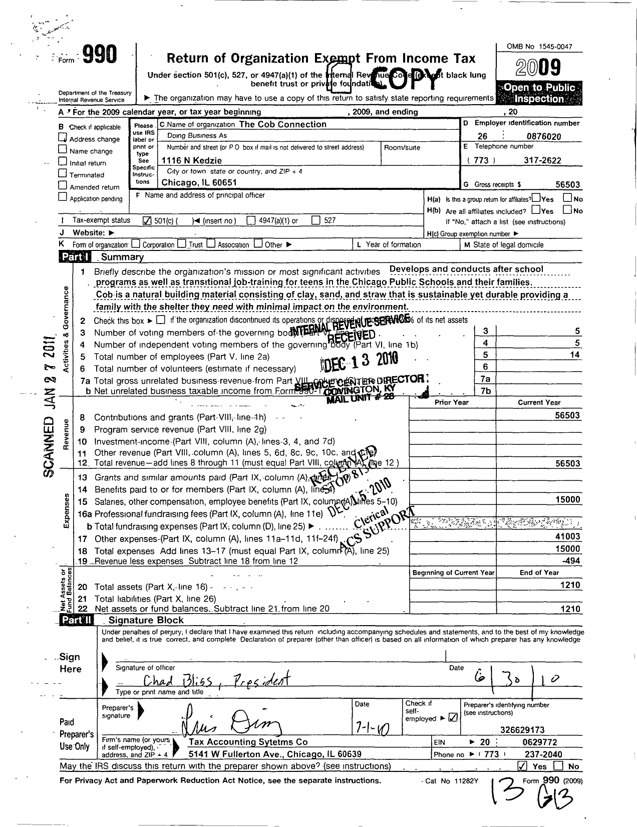 Image of first page of 2009 Form 990O for Cob Connection