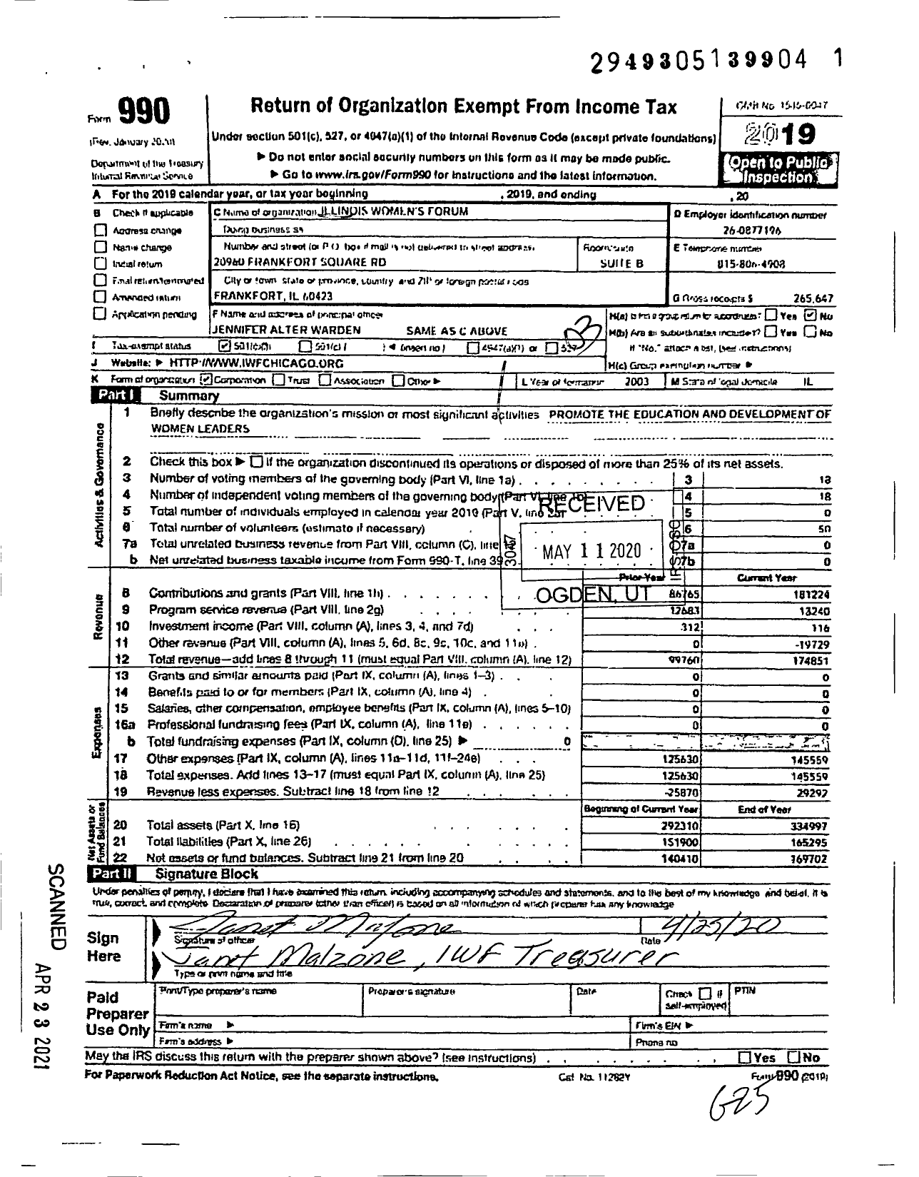 Image of first page of 2019 Form 990 for Illinois Women's Forum