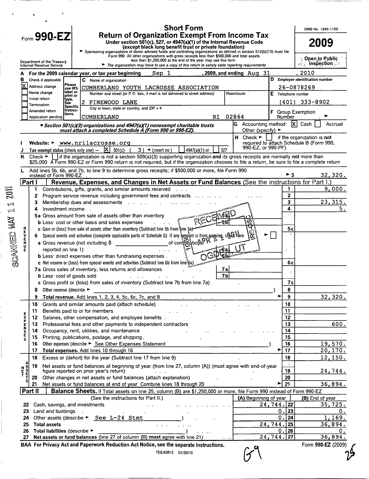 Image of first page of 2009 Form 990EZ for Cumberland Youth Lacrosse Association