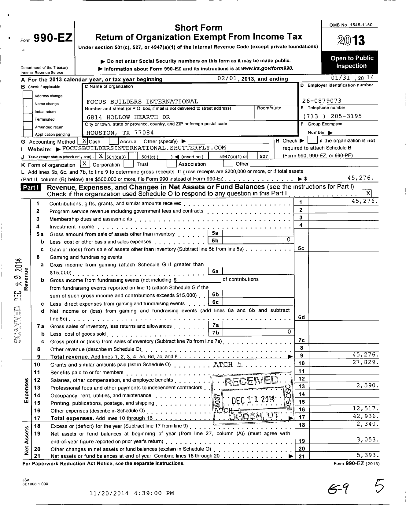 Image of first page of 2013 Form 990EZ for Focus Builders International