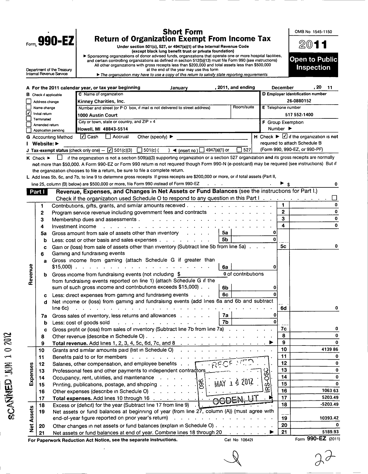 Image of first page of 2011 Form 990EZ for Kinney Charities