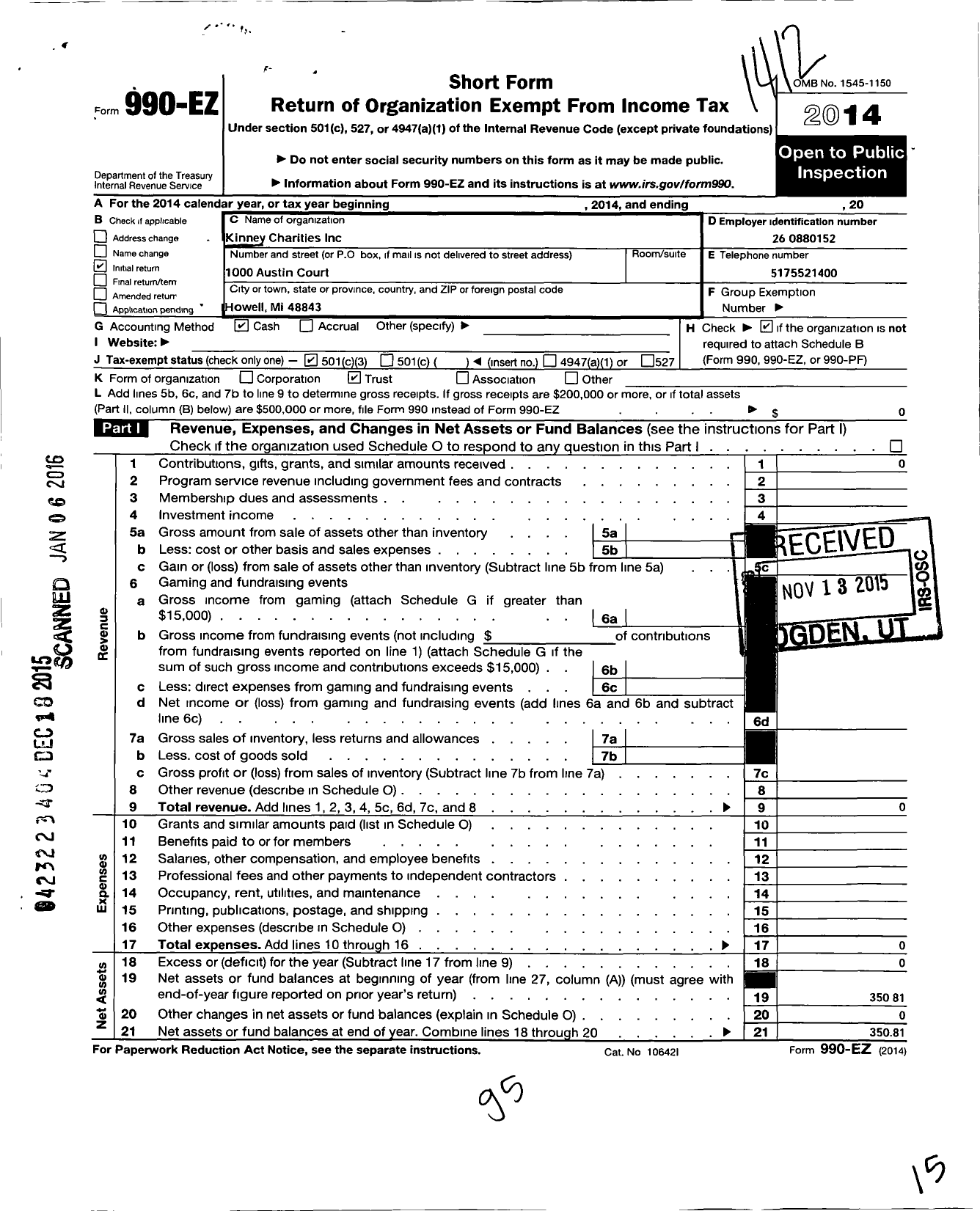 Image of first page of 2014 Form 990EZ for Kinney Charities