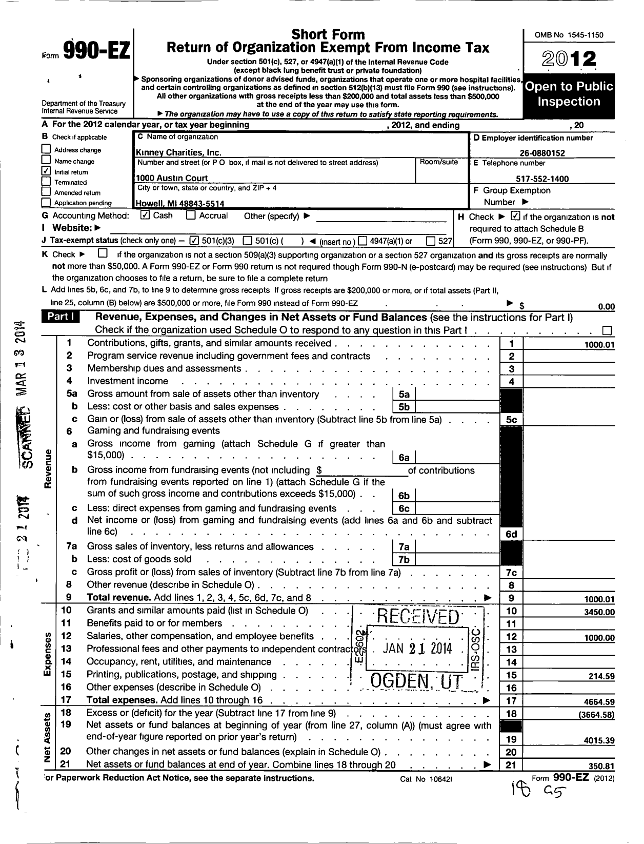 Image of first page of 2012 Form 990EZ for Kinney Charities