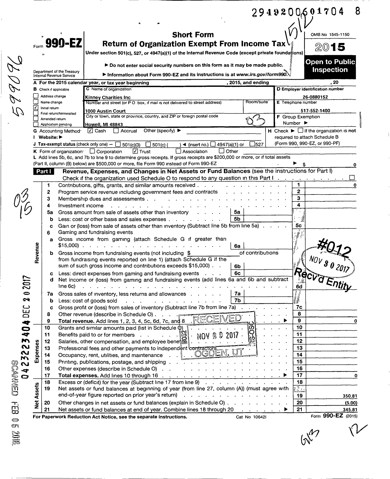 Image of first page of 2015 Form 990EZ for Kinney Charities