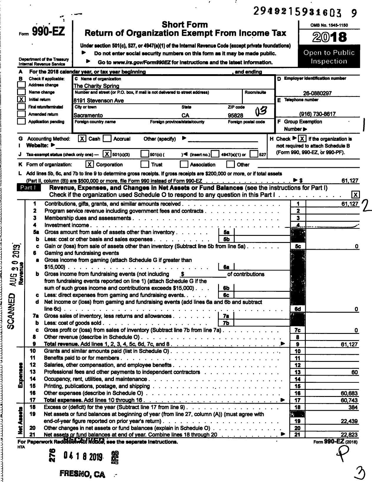 Image of first page of 2018 Form 990EZ for The Charity Spring