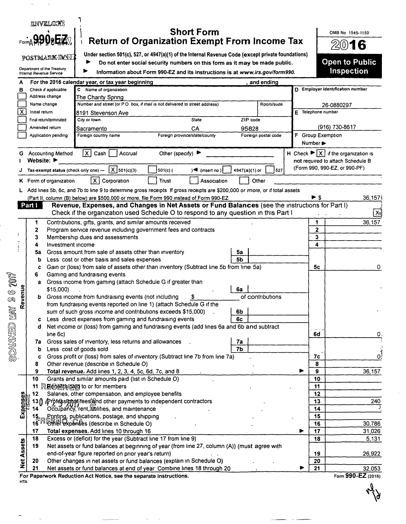 Image of first page of 2016 Form 990EZ for The Charity Spring